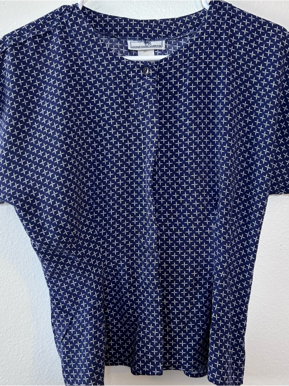 jonathan martin Vintage Navy and White Geometric Short Sleeve Blouse